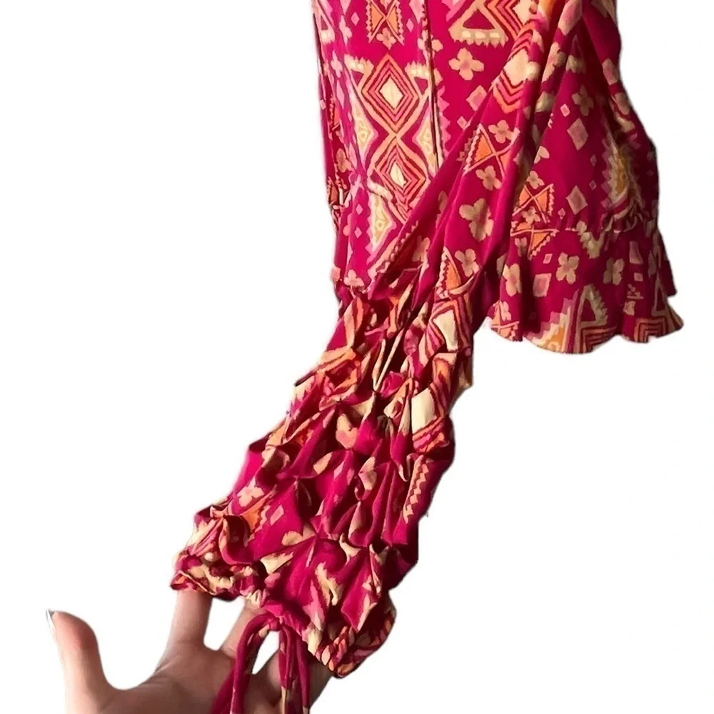 Tory Burch Geometric Silk Long Sleeve Blouse, Pink & Orange, Size 4